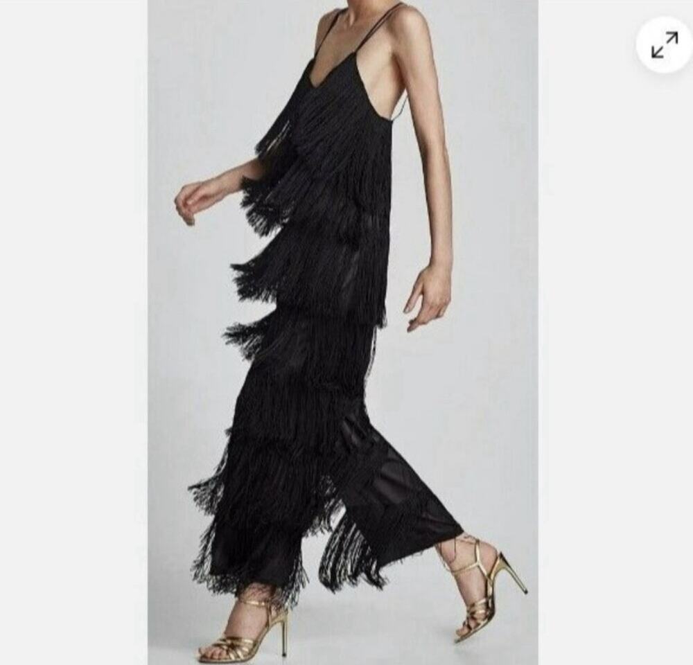 Zara Black Fringe Jumpsuit Women’s Size Small NWT